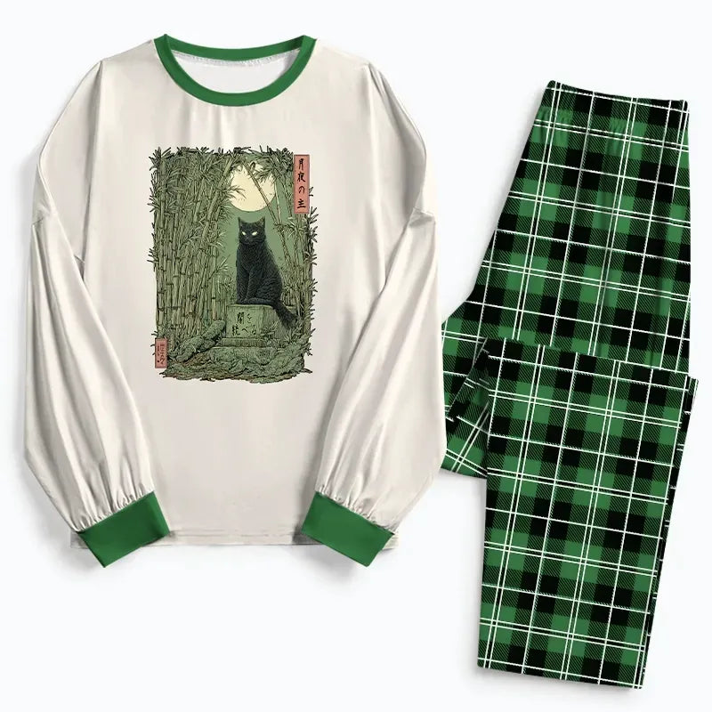 japanese bamboo forest black cat pajama set