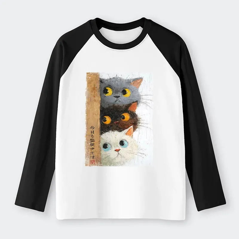 Kyoto-Lion Three Cute Cats Watch You Raglan Long Sleeve T-shirt
