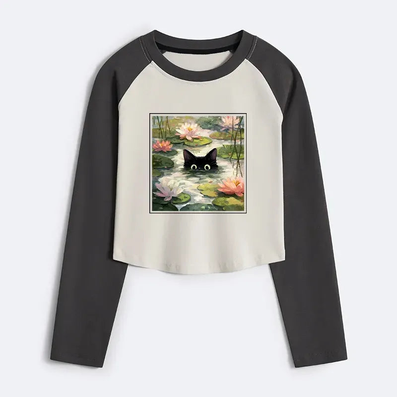 Kyoto-Lion Black Cat and Lotus Flower Women's Crop Raglan T-Shirt