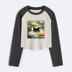 Kyoto-Lion Black Cat and Lotus Flower Women's Crop Raglan T-Shirt