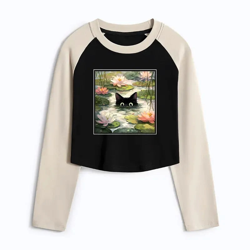 Japanese Black Cat Crop Raglan T-Shirt