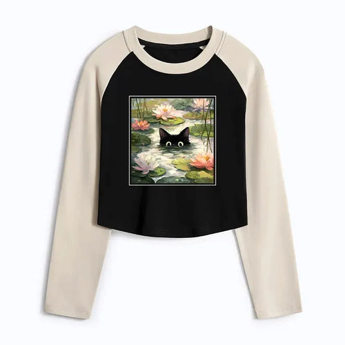 Japanese Black Cat Crop Raglan T-Shirt