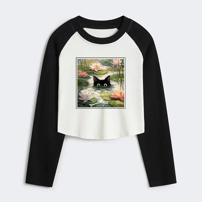 Kyoto-Lion Black Cat and Lotus Flower Women's Crop Raglan T-Shirt