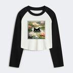 Kyoto-Lion Black Cat and Lotus Flower Women's Crop Raglan T-Shirt