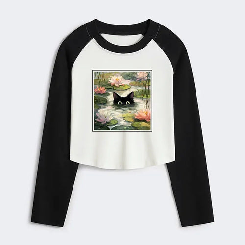 Kyoto-Lion Black Cat and Lotus Flower Women's Crop Raglan T-Shirt
