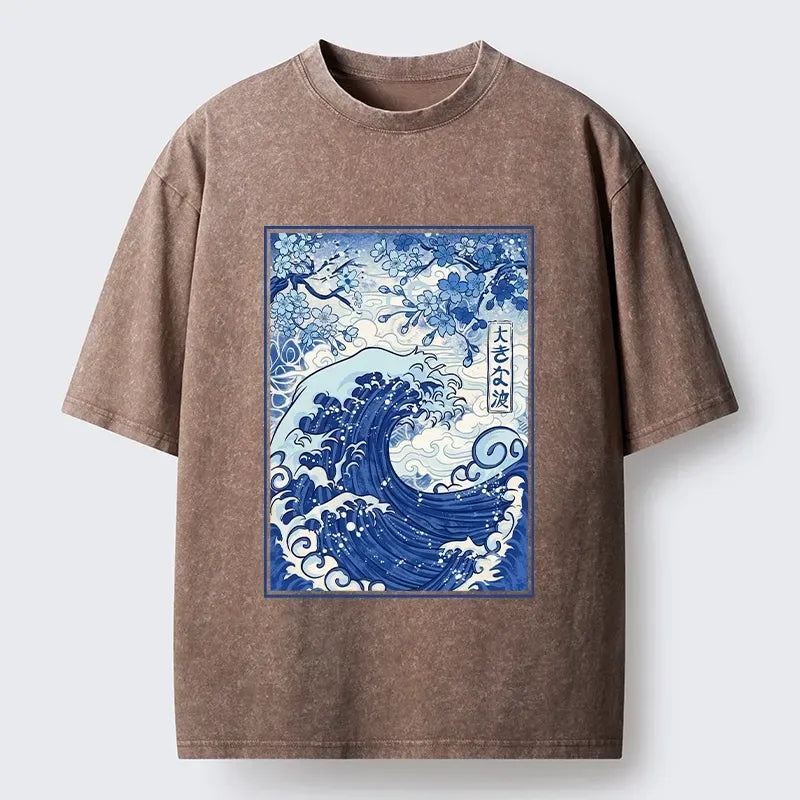 Vintage Japanese Wave Sakura Print T-Shirt