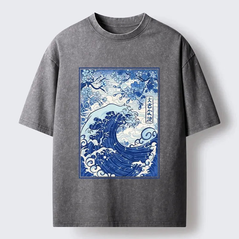 Kyoto-Lion Vintage Japanese Wave Sakura Print Washed T-Shirt