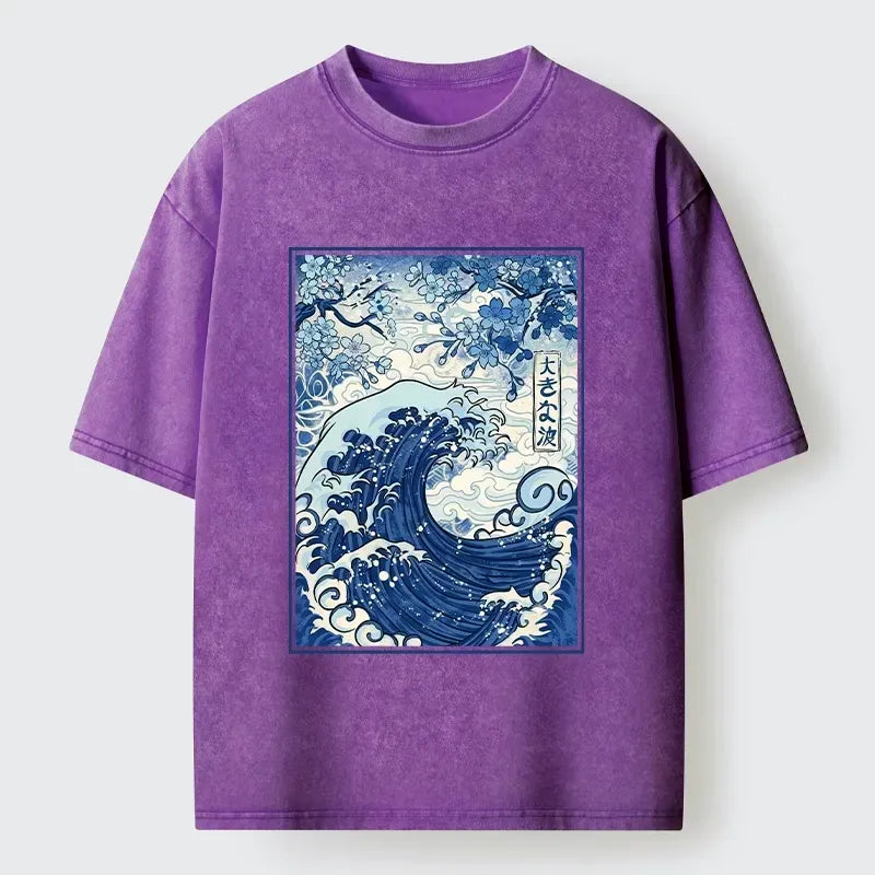 Vintage Japanese Wave Sakura Print T-Shirt