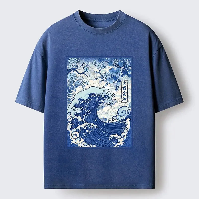 Washed Sakura Print Tee for Streetwear
