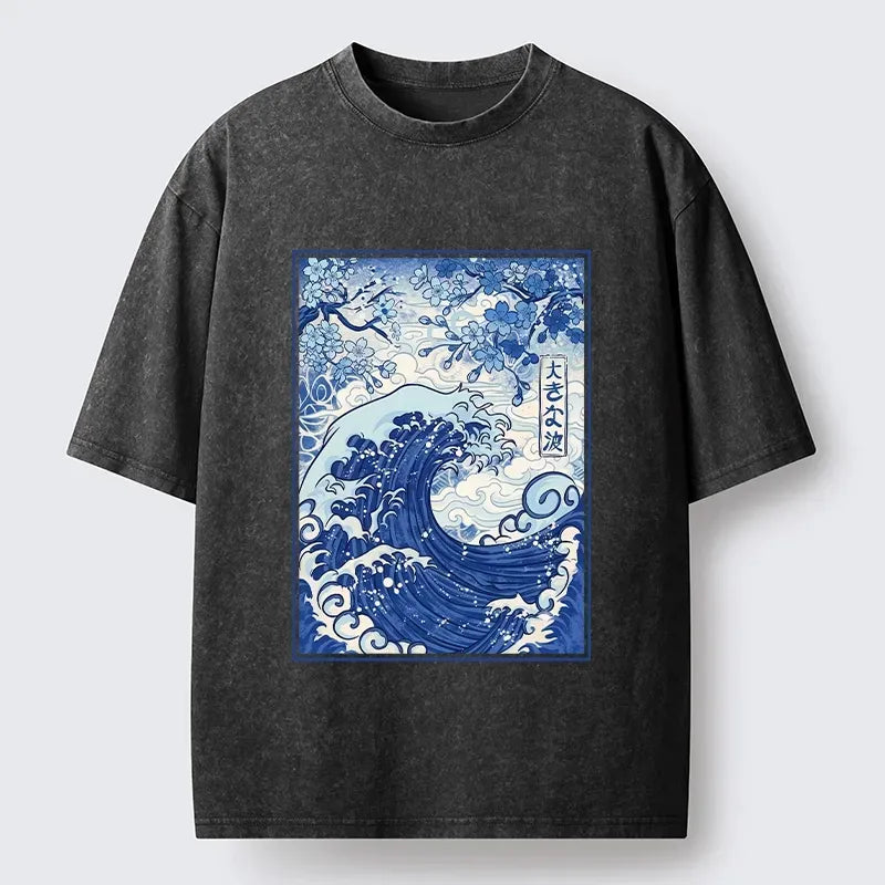 Vintage Japanese Wave Sakura Print T-Shirt