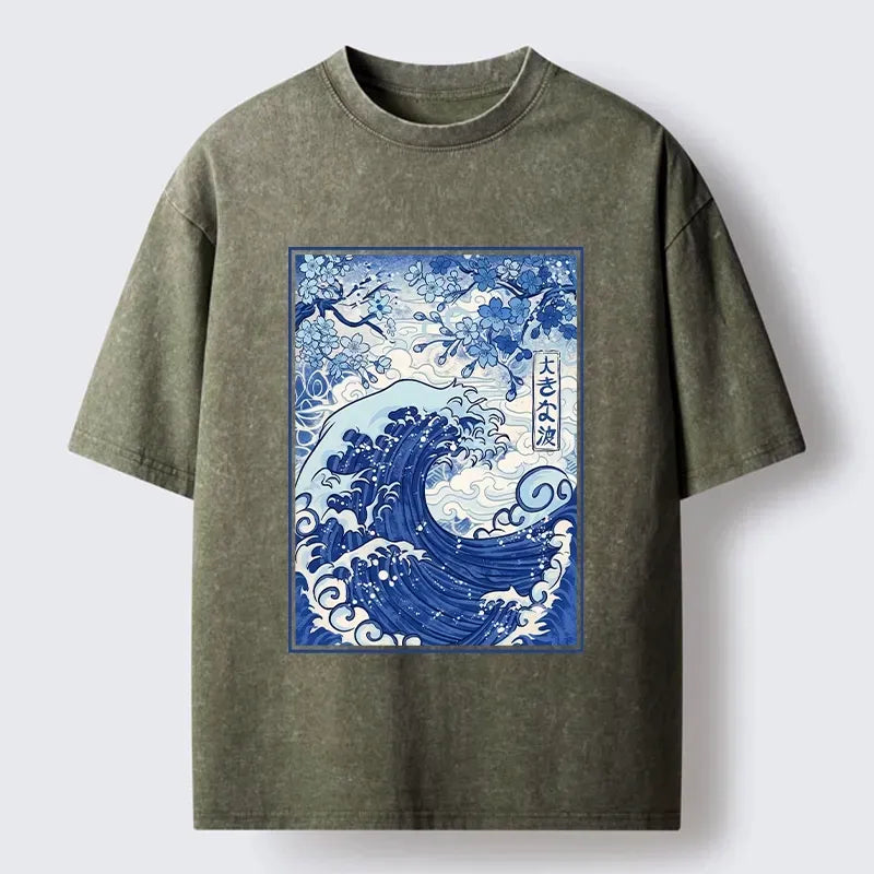 Kyoto-Lion Vintage Japanese Wave Sakura Print Washed T-Shirt