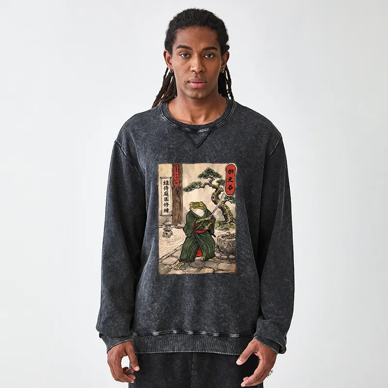 Kyoto-Lion Samurai Frog Training Washed Terry Sweatshirt