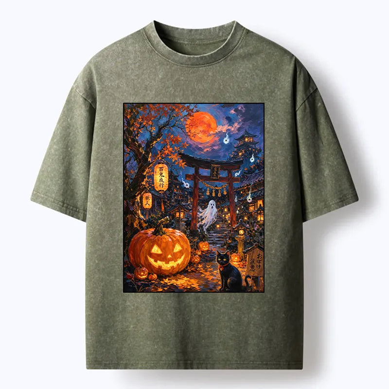 Kyoto-Lion Pumpkin Ghost Night Washed T-Shirt