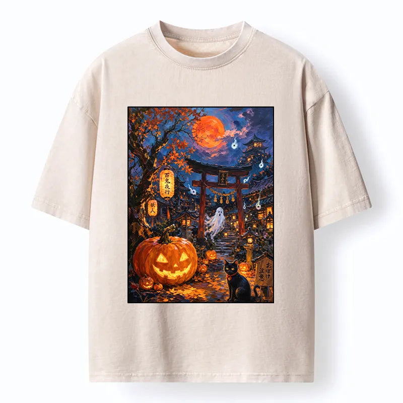 Kyoto-Lion Pumpkin Ghost Night Washed T-Shirt