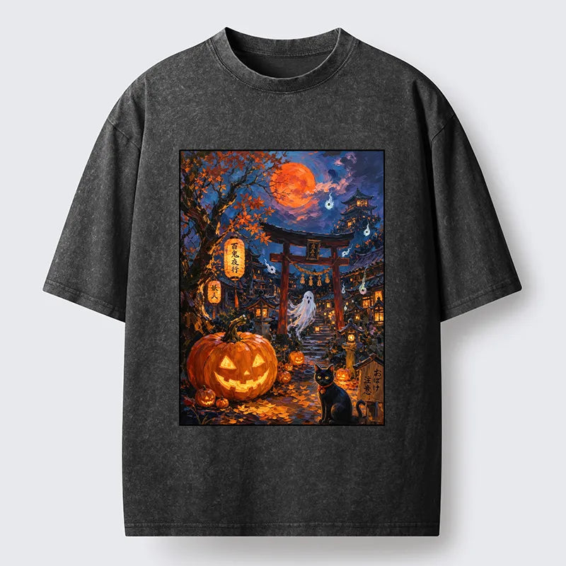Kyoto-Lion Pumpkin Ghost Night Washed T-Shirt