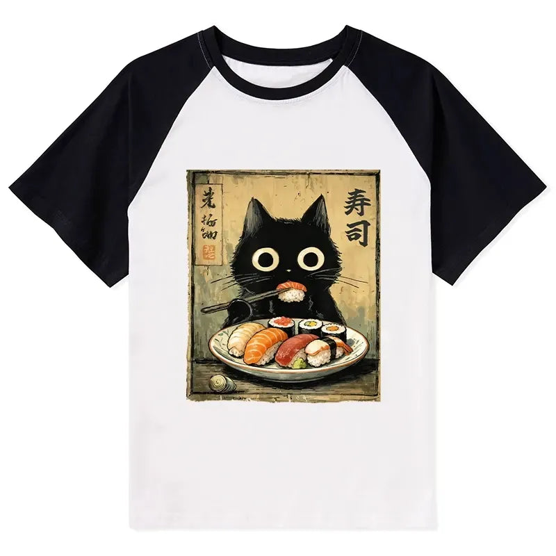Vintage Japanese Sushi Cat Raglan T-shirt