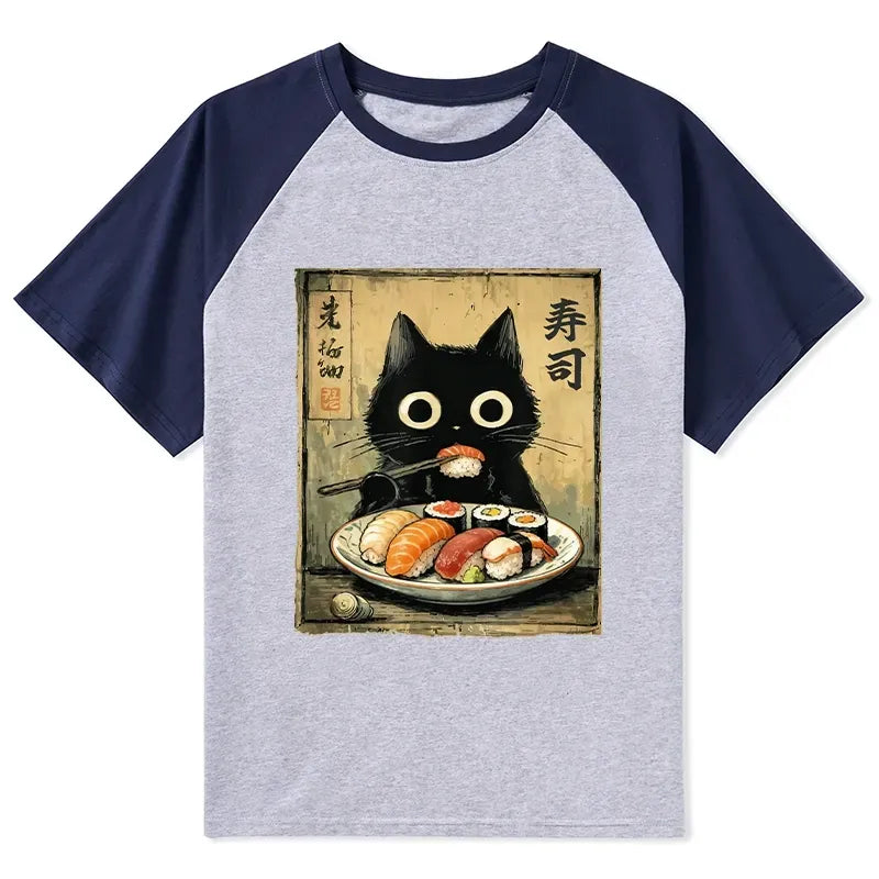 Vintage Japanese Sushi Cat Raglan T-shirt
