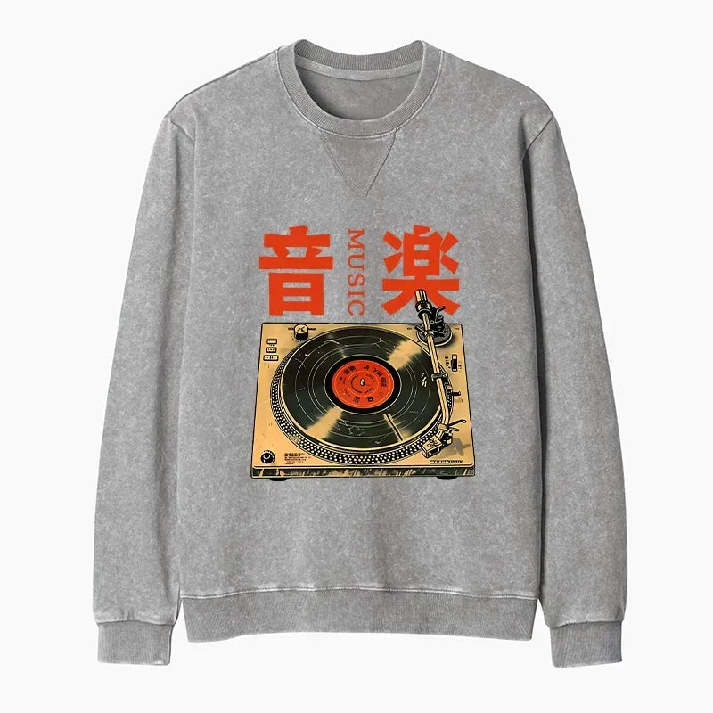 Kyoto-Lion Retro Music Record Player Washed Terry Sweatshirt