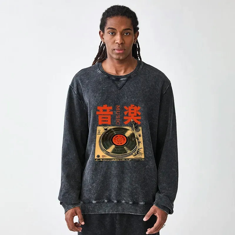 Kyoto-Lion Retro Music Record Player Washed Terry Sweatshirt