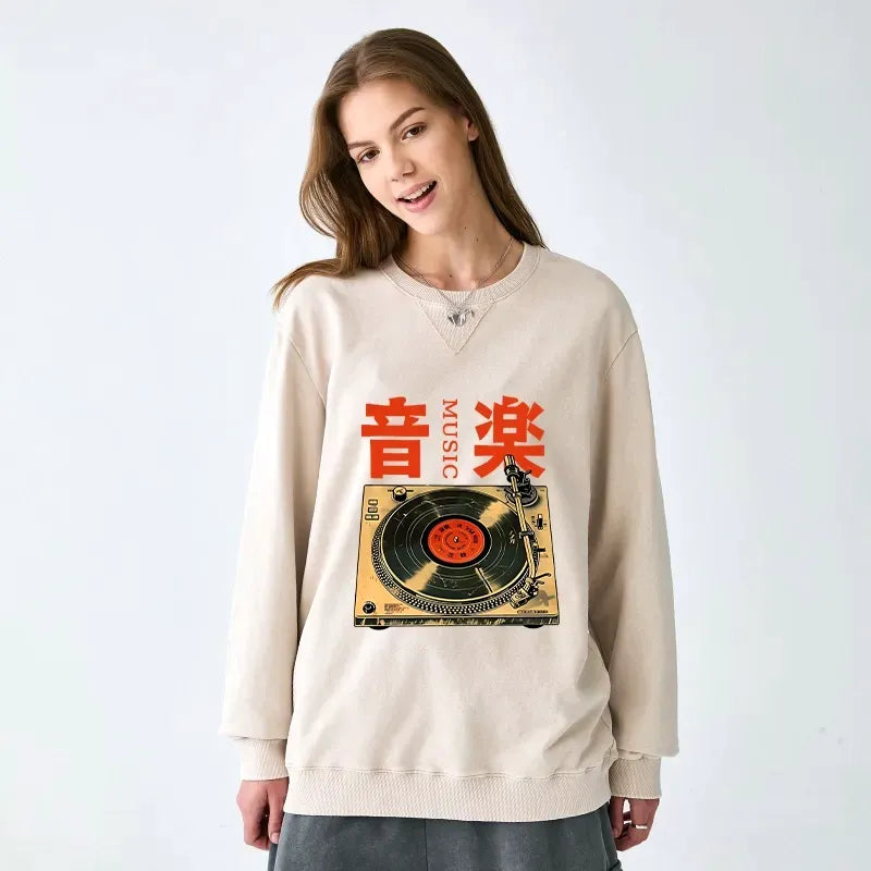 Kyoto-Lion Retro Music Record Player Washed Terry Sweatshirt