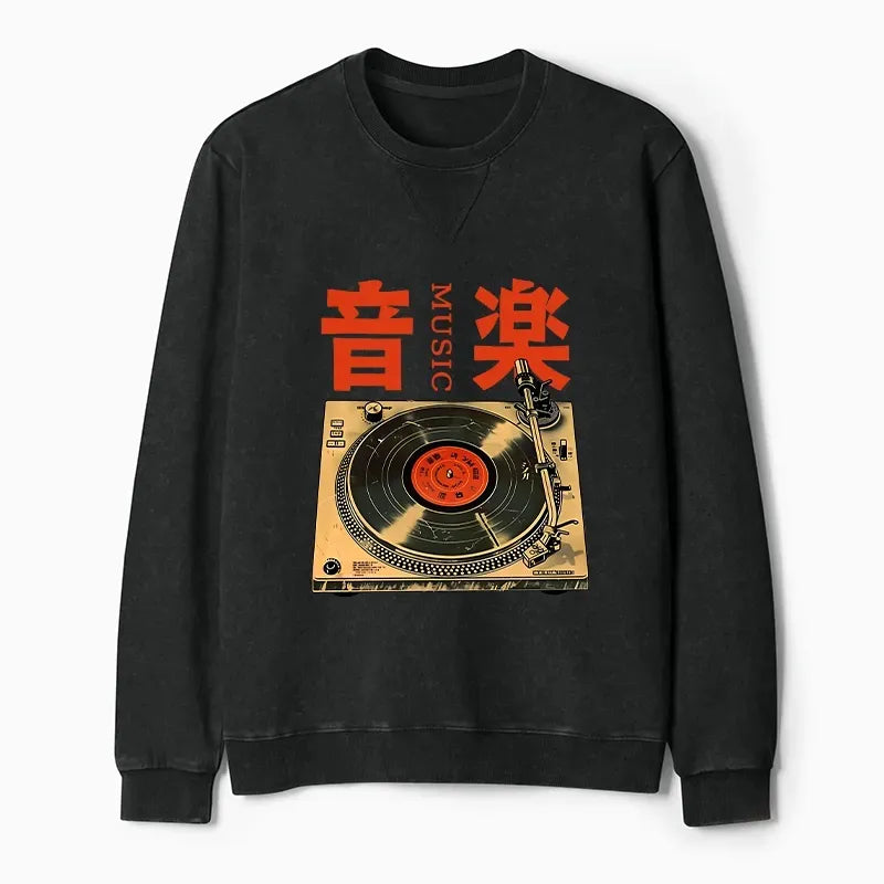 Kyoto-Lion Retro Music Record Player Washed Terry Sweatshirt