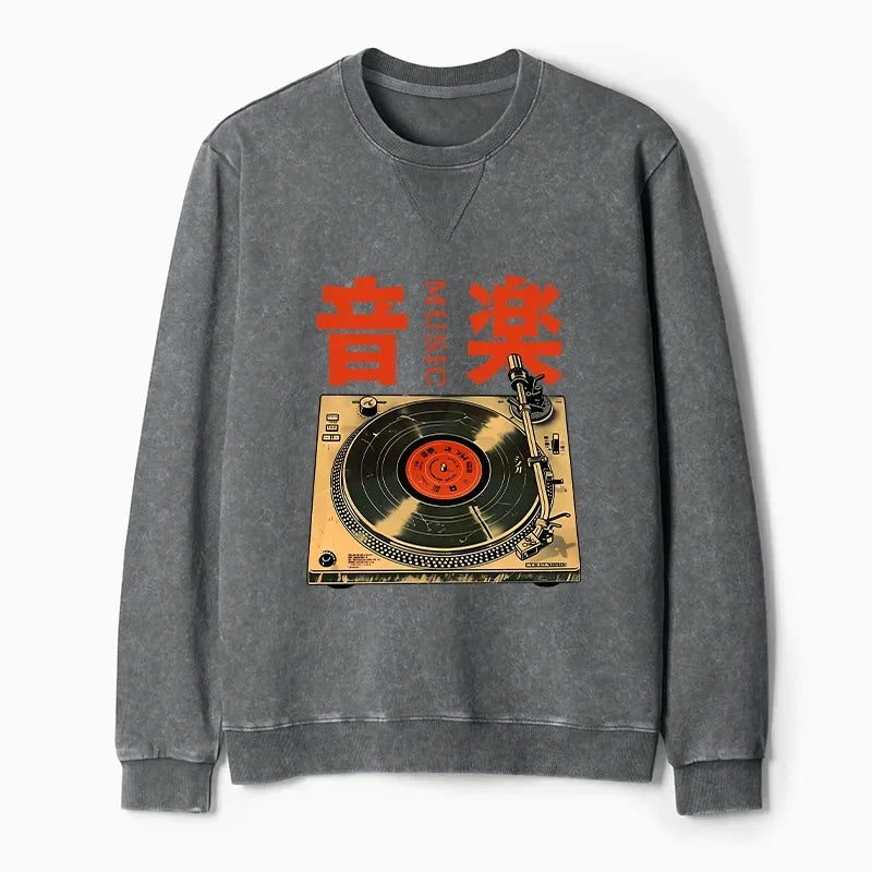 Kyoto-Lion Retro Music Record Player Washed Terry Sweatshirt