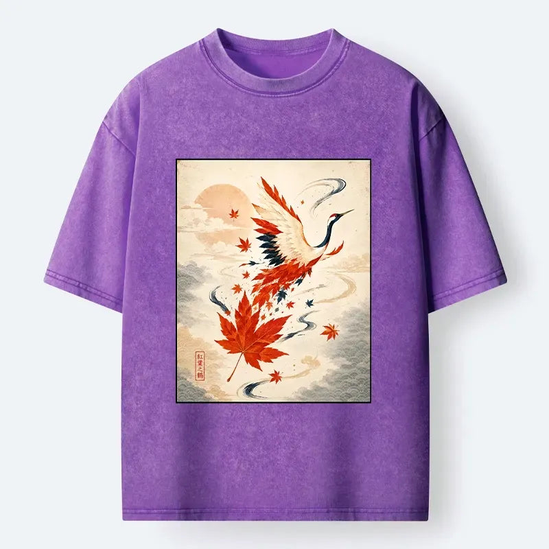 Kyoto-Lion Red Maple Winged Crane Vintage Japan Art Washed T-Shirt