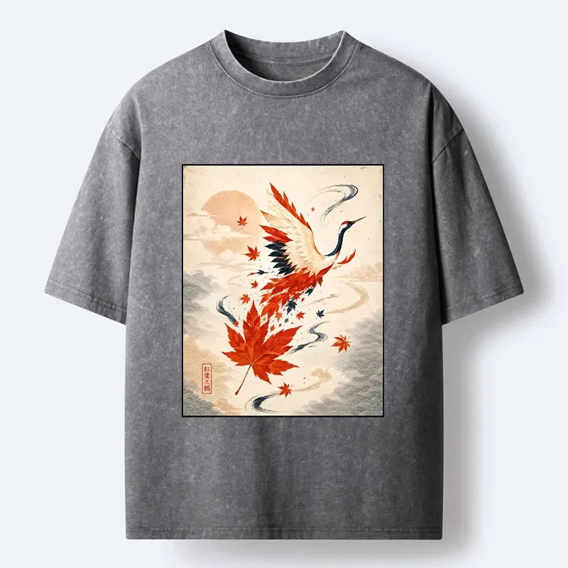 Kyoto-Lion Red Maple Winged Crane Vintage Japan Art Washed T-Shirt