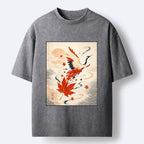 Kyoto-Lion Red Maple Winged Crane Vintage Japan Art Washed T-Shirt