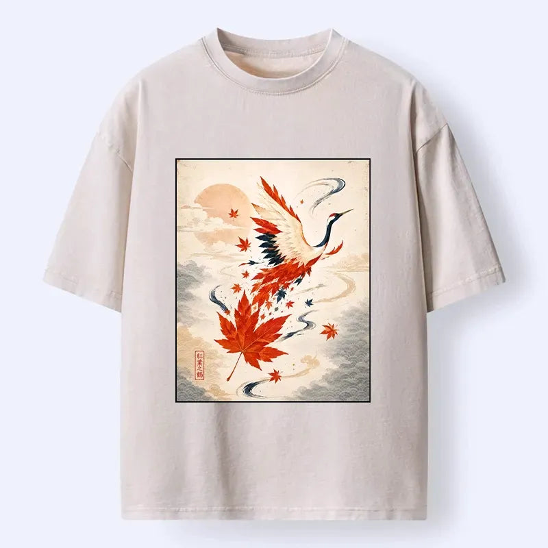 Kyoto Red Maple Winged Crane Unisex T-Shirt