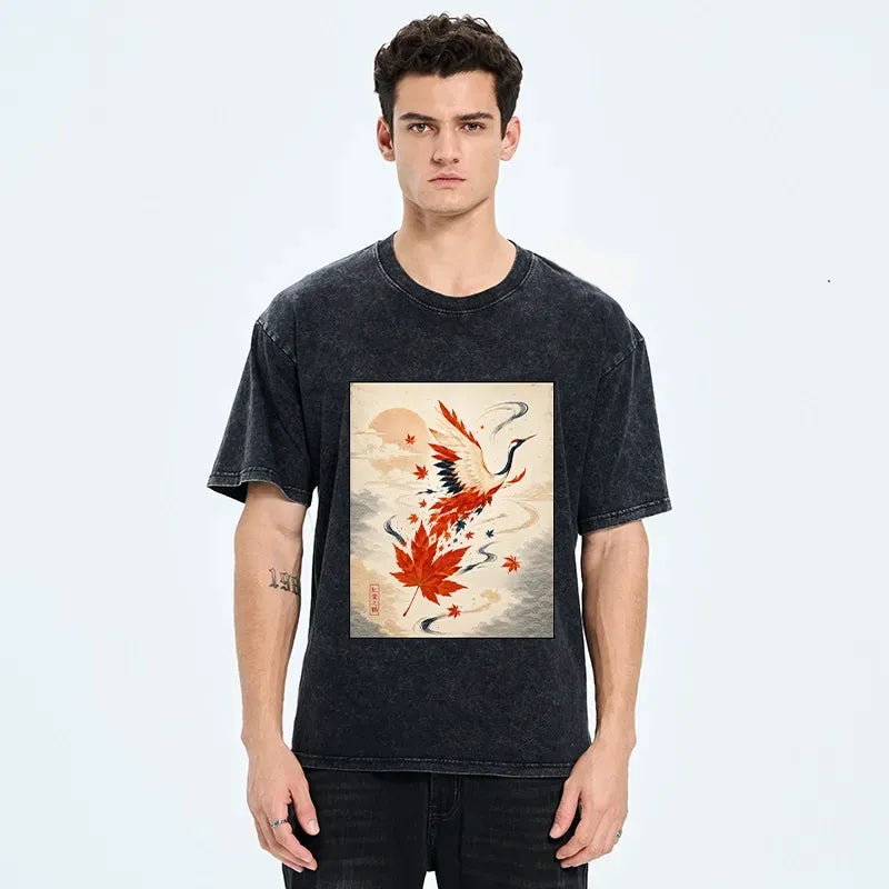 Kyoto-Lion Red Maple Winged Crane Vintage Japan Art Washed T-Shirt