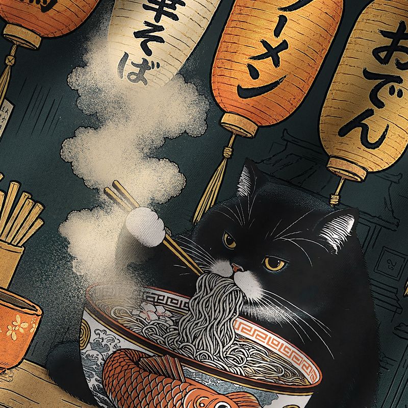 Kyoto-Lion Fat Cat Eating Ramen Cuban Collar Shirt