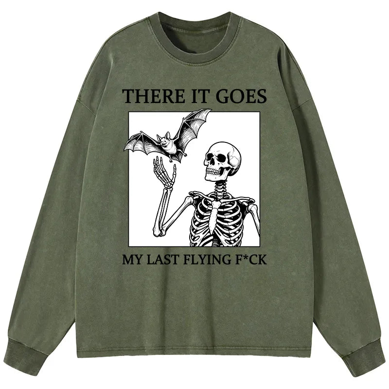Kyoto-Lion Funny Skeleton Bat Meme Washed Long Sleeve T-Shirt
