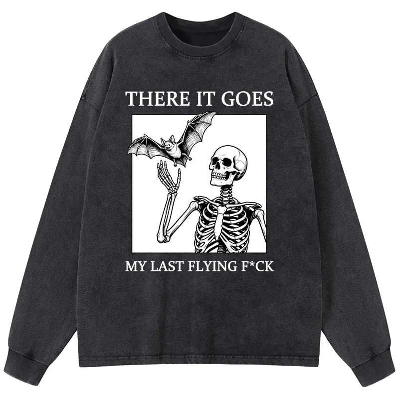 Kyoto-Lion Funny Skeleton Bat Meme Washed Long Sleeve T-Shirt