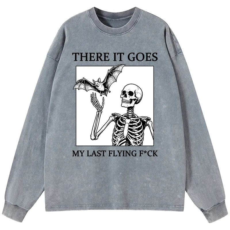 Kyoto-Lion Funny Skeleton Bat Meme Washed Long Sleeve T-Shirt