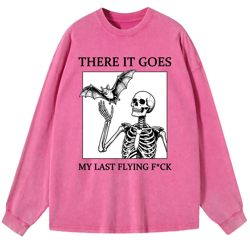 Kyoto-Lion Funny Skeleton Bat Meme Washed Long Sleeve T-Shirt