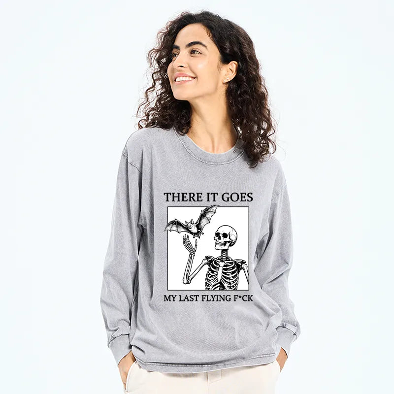 Kyoto-Lion Funny Skeleton Bat Meme Washed Long Sleeve T-Shirt