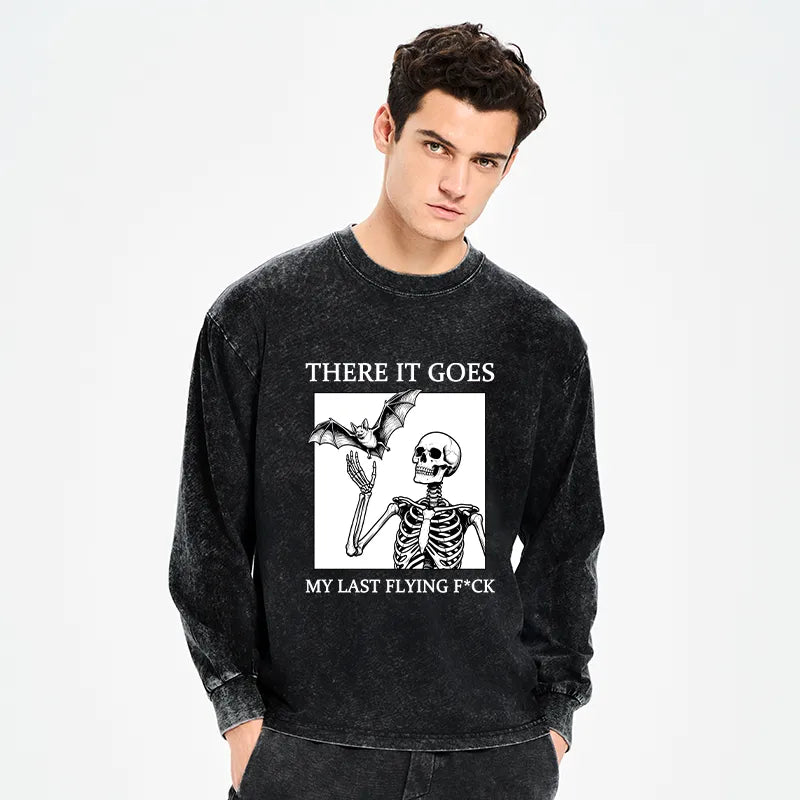 Kyoto-Lion Funny Skeleton Bat Meme Washed Long Sleeve T-Shirt