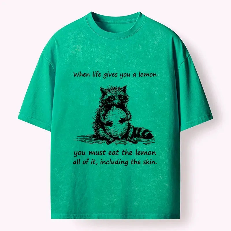 Kyoto-Lion Sour Lemon Raccoon Funny Meme Washed T-Shirt