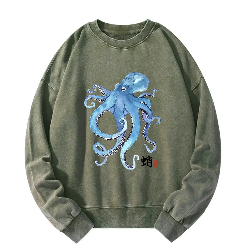 Kyoto-Lion Watercolor Blue Octopus Washed Sweatshirt