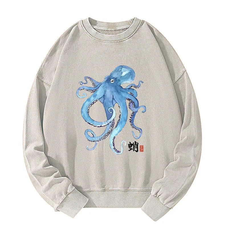 Kyoto-Lion Watercolor Blue Octopus Washed Sweatshirt