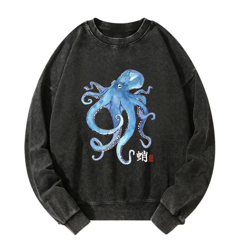 Kyoto-Lion Watercolor Blue Octopus Washed Sweatshirt