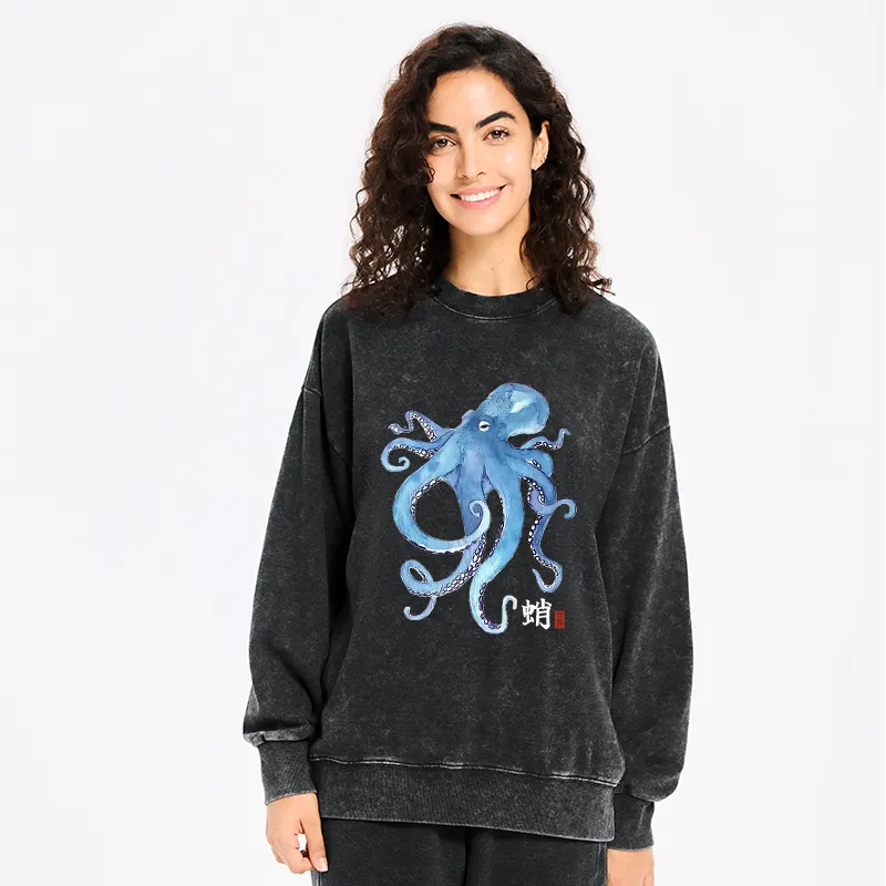 Kyoto-Lion Watercolor Blue Octopus Washed Sweatshirt
