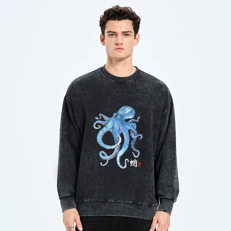 Kyoto-Lion Watercolor Blue Octopus Washed Sweatshirt