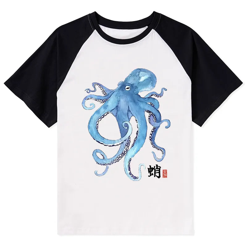 Kyoto-Lion Watercolor Blue Octopus Raglan T-shirt