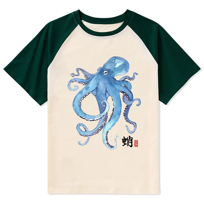 Kyoto-Lion Watercolor Blue Octopus Raglan T-shirt