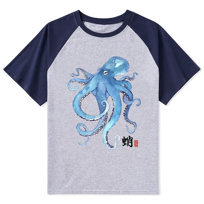 Kyoto-Lion Watercolor Blue Octopus Raglan T-shirt