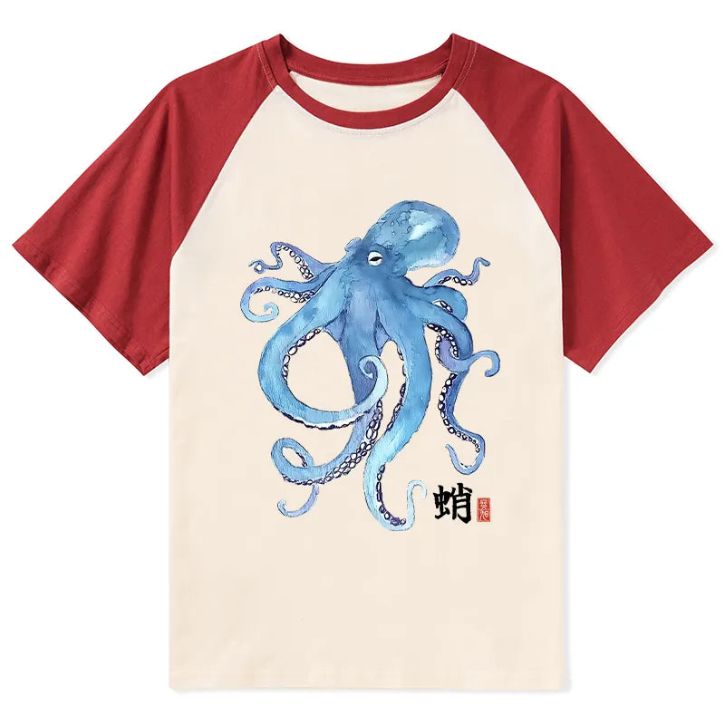 Kyoto-Lion Watercolor Blue Octopus Raglan T-shirt