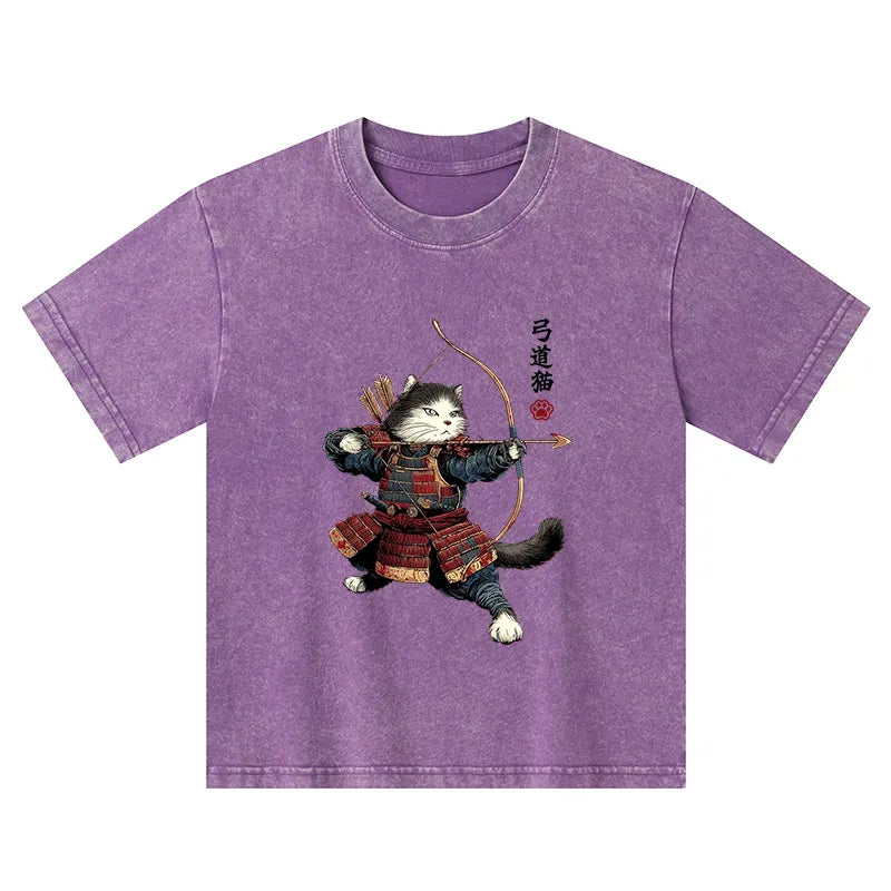 Kyoto-Lion Kyudo Samurai Cat Kids Washed T-Shirt