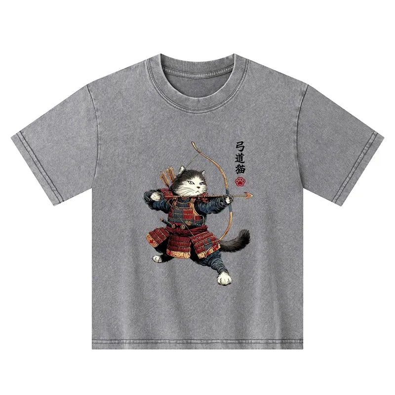 Kyoto-Lion Kyudo Samurai Cat Kids Washed T-Shirt